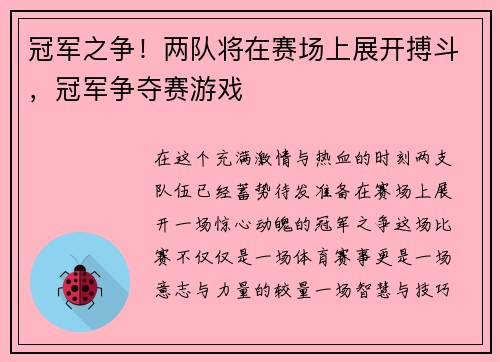 冠军之争！两队将在赛场上展开搏斗，冠军争夺赛游戏