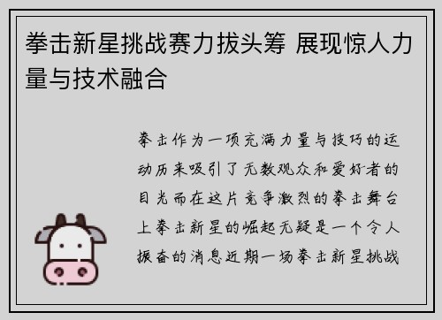 拳击新星挑战赛力拔头筹 展现惊人力量与技术融合
